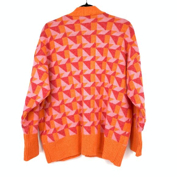 BBWM V-Neck Cardigan Sweater Womens Size Medium Geometric Print Pink Orange NEW - Picture 2 of 6